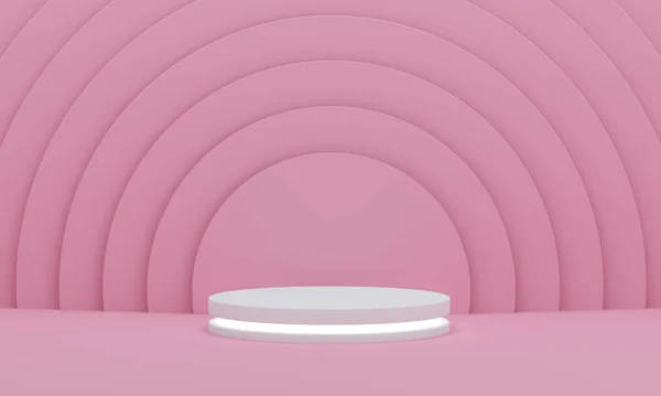Cylinder Podium with light on pink circles pattern background for exhibition display product. Empty podium platform. 3D Rendering.