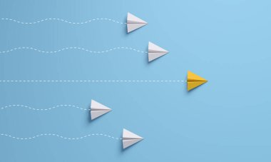 Liderlik kavramları beyaz mavi arkaplan arasında öncülük eden sarı kağıt uçaklar. 3B görüntüleme.