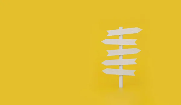 Weiße Schilder Weisen Auf Gelbem Hintergrund Verschiedene Richtungen Darstellung — Stockfoto