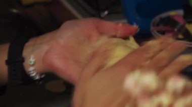 Anne bir çocuğa arepa pişirmeyi öğretiyor. Arepa yapmak için un diziyorum. Geleneksel yemek..