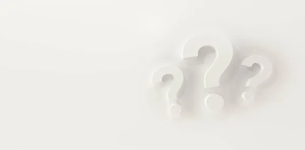 Three Question Marks Panoramic White Studio Background Rendering — Stock Photo, Image