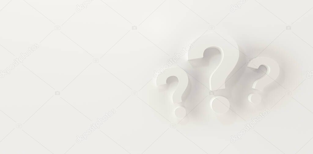 Three question marks in panoramic white studio background. 3d rendering.