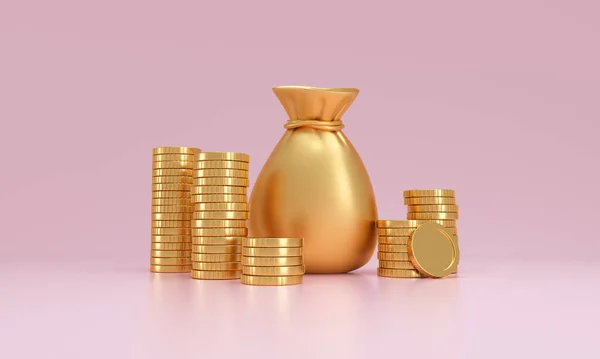 Stack Monete Oro Sacco Denaro Uno Sfondo Rosa Concetto Abbondanza — Foto Stock