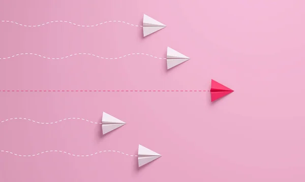 红色纸飞机在粉色背景下的白色中领先的女性领导理念 3D渲染 — 图库照片