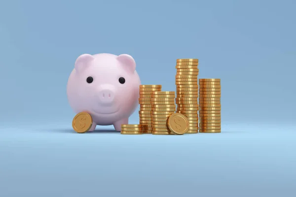 Many Stacks Gold Coins Next Pig Bank Blue Background Money — Φωτογραφία Αρχείου