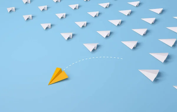 Individual Unique Leader Yellow Paper Airplane Changing Direction Blue Background — Stockfoto