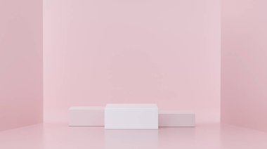 Pembe modern oturma odasındaki minimalist küp podyumu aydınlatıldı. Ürün gösterimi için başarı kavramı. 3d oluşturma.