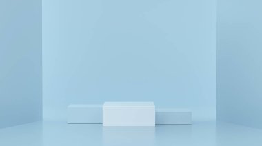 Minimalist podium winner cubes on blue modern living room illuminated. Success concept for product display. 3d rendering.
