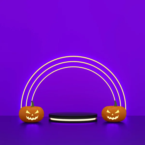 Cilinders Podium Met Lichte Neon Halloween Pompoenen Voor Product Display — Stockfoto