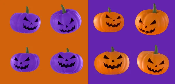 Set Zucche Halloween Arancione Viola Sfondo Arancione Viola Rendering — Foto Stock