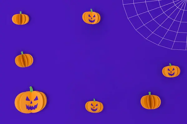 Feliz Halloween Fundo Roxo Com Espaço Para Texto Cobweb Abóboras — Fotografia de Stock