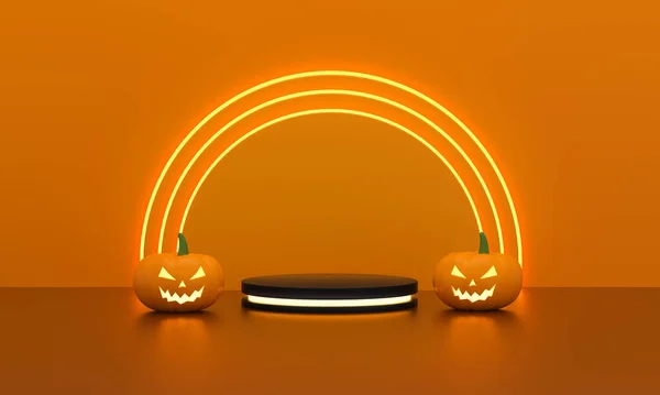 圆柱形底座与轻霓虹灯和南瓜灯之间的产品展示在有趣的圆形橙色背景光 空的讲台平台 3D渲染 — 图库照片