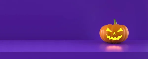 Zucca Halloween Con Luci Sfondo Panoramico Studio Viola Rendering — Foto Stock