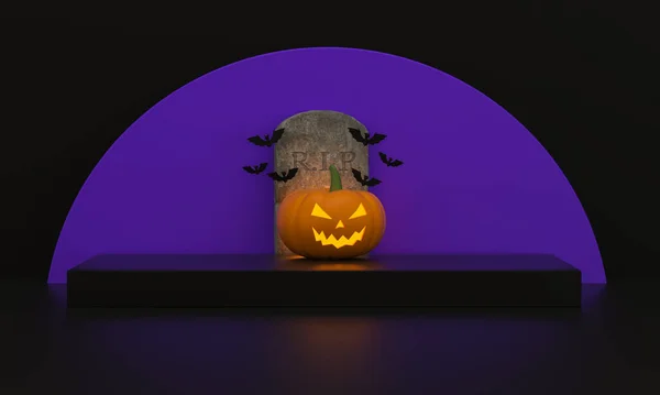 万圣节的底座 产品展示与南瓜 蝙蝠和墓碑与月亮紫色黑色背景 3D渲染 — 图库照片