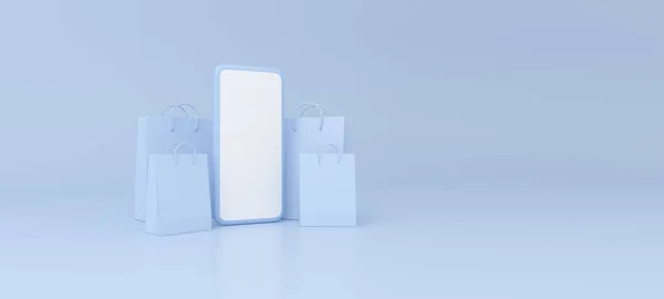 Smartphone with shopping bags on blue background. online payment concept. 3d rendering.