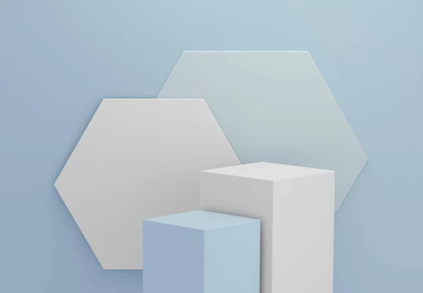 Würfelsockel Für Produktpräsentation Auf Blauem Hexagon Hintergrund Für Ausstellung Leeres — Stockfoto