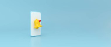 Mavi arkaplandaki akıllı telefondan uyarı çanı simgesi uyarısı. 3B görüntüleme.