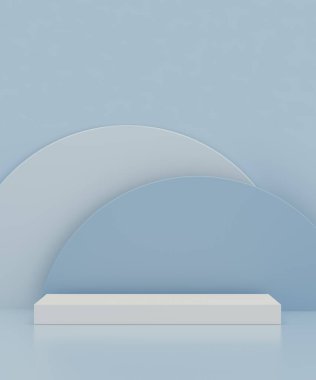 Komik renkli daireler üzerinde sergi için mavi arka planda ürün sergisi için büyük bir kaide. Boş podyum platformu. 3B Hazırlama.