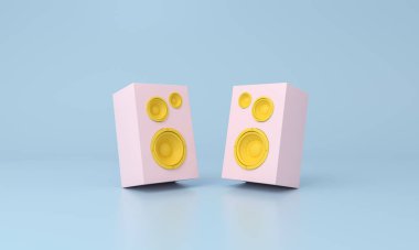 Mavi arka planda pembe hoparlör. Minimalizm kavramı. 3d oluşturma.