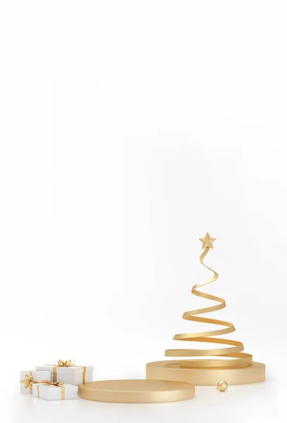 Weihnachtsspirale Baum Und Geschenke Herum Auf Winter Weißen Studio Hintergrund — Stockfoto