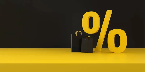 Percentuale Simbolo Sconto Shopping Borse Sfondo Nero Giallo Studio Venerdì — Foto Stock