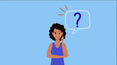 Animated african american woman having a question mark in a speech bubble. A female character thinking about a problem and finding a solution