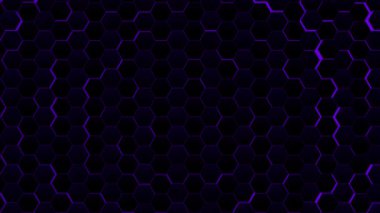 Koyu bal peteği şebeke desenli fütüristik özgeçmiş. Parlayan neon ışıklar renk değiştiren bir gradyanla altıgenleri aydınlatır