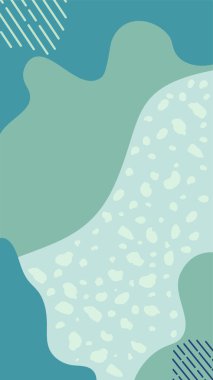 Akan organik şekilleri mavi-yeşil tonlarda gösteren soyut tasarım benekli bir doku ve çapraz çizgi desenleri ile tamamlanır.