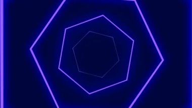 Pırıl pırıl parlayan mor ve mavi neon altıgenlerden oluşan sonsuz bir tünelde uçan kusursuz döngülü animasyon. Fütürist soyut bilim kurgu geçmişi