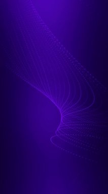 Parlayan mor parçacıkların dinamik ve soyut animasyonu karanlık bir arkaplanda akan çizgiler ve dalgalar oluşturur. Dijital teknoloji ve veri kavramı