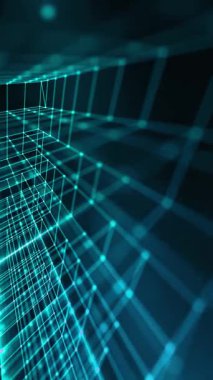 Birbirine bağlı noktalardan oluşan parlak cyan ızgaralar ve çizgiler yavaşça sallanıyor ve karanlık bir zemin üzerinde hareket ediyor. Büyük veri, engelleme zinciri ve ağ kavramı
