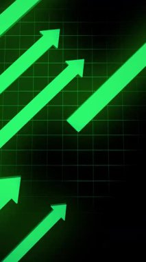 Siyah arka planda yukarı doğru hareket eden yeşil oklar. Büyümeyi, başarıyı ve gelişimi gösteren animasyon finansal tablo kavramı