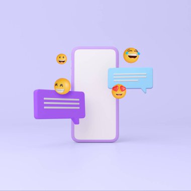 Sohbet mesajları ve emojileri gösteren akıllı telefon, mobil iletişimi, sosyal medyayı ve dijital duygusal ifadeyi görselleştirme