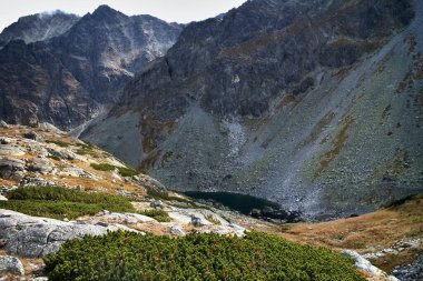 Zbojnicka kulübesinin altındaki High Tatras 'taki Büyük Soğuk Vadi' deki Uzun Göl..