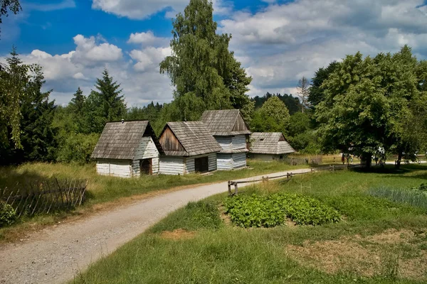 Museum des Slowakischen Dorfes in Martin: Region Orava - Blockhäuser für die Getreidelagerung. — Stockfoto