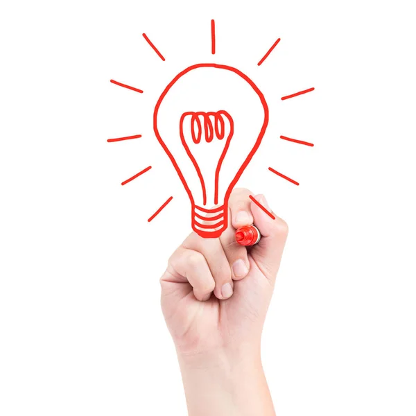 Right Hand Draw Bulb Red Marker Isolated White Background — Stock Photo, Image