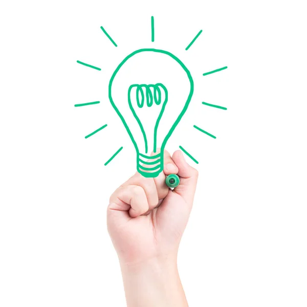 Right Hand Draw Bulb Green Marker Isolated White Background — Stock Photo, Image