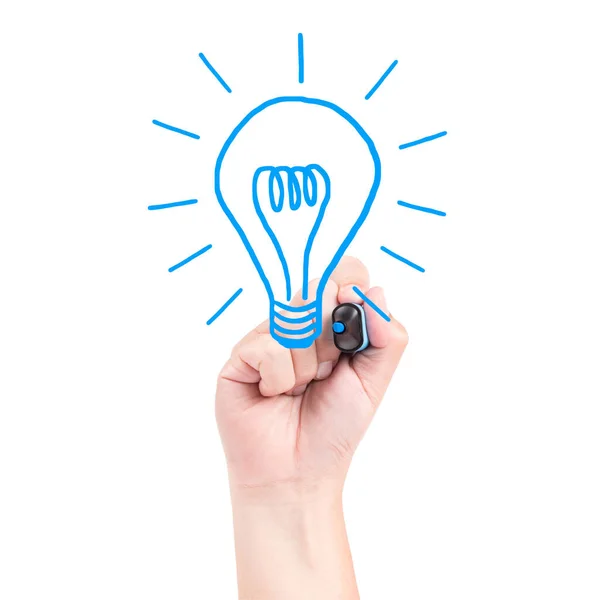 Right Hand Draw Bulb Blue Marker Isolated White Background — Stock Photo, Image