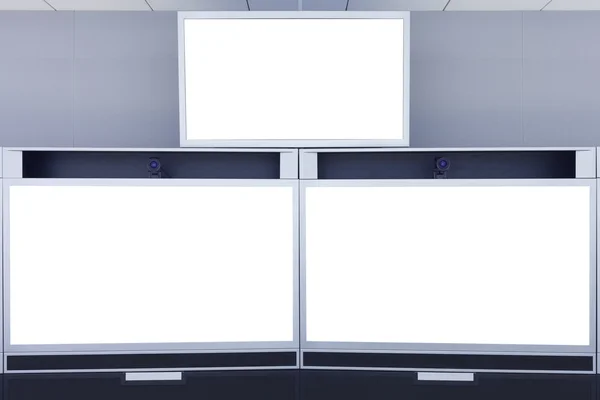 Lege video conferentiezaal met geïsoleerde wit scherm — Stockfoto