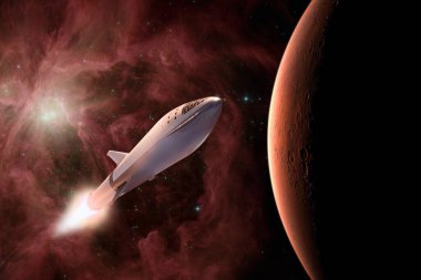 Yıldız gemisi Mars gezegeninin arka planında bir göreve kalkıyor. Bu görüntünün elementleri NASA tarafından desteklenmektedir.