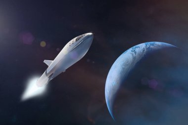 Yıldız gemisi Dünya gezegeninin arka planında bir göreve kalkıyor. Bu görüntünün elementleri NASA tarafından desteklenmektedir.