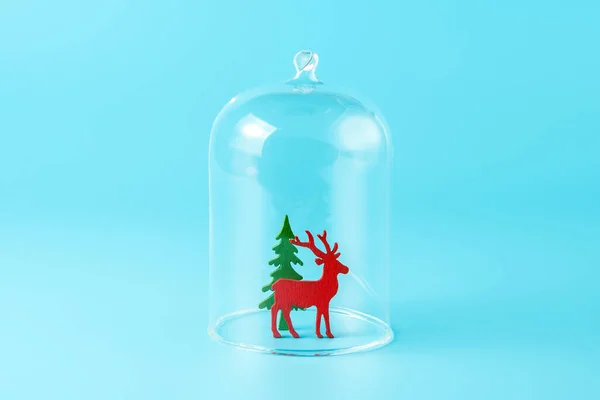 Christmas Reindeer Glass Dome Blue Background Minimal New Year Wallpaper — Stock Photo, Image