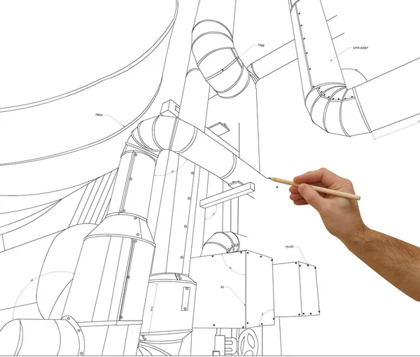 Ręka mężczyzny rysuje projekt fabryki — Zdjęcie stockowe