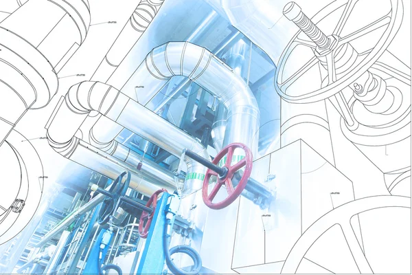 Wireframe computer cad design of pipelines for modern industrial — Stock Photo, Image