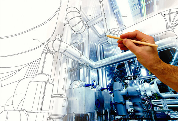 Мужская рука рисует дизайн завода в сочетании с фото режима
