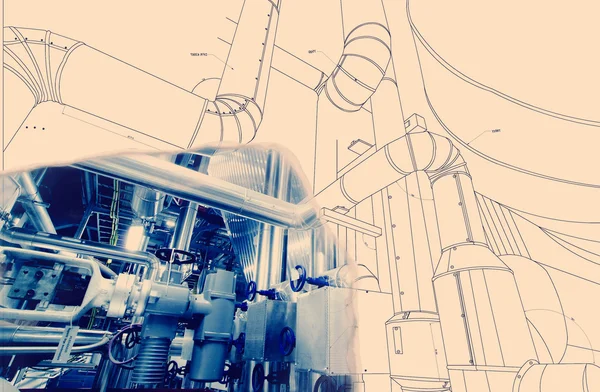 Wireframe computer cad design of pipelines for modern industrial — Stock Photo, Image