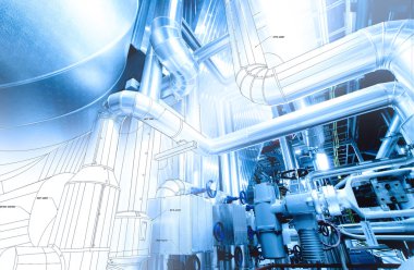 Modern bir endüstriyel güç planında bulunan ekipman, kablolar ve borular