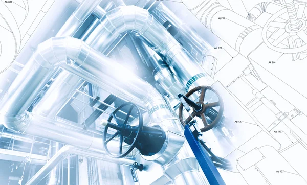 Sketch of piping design mixed with industrial equipment photo — Stock Photo, Image