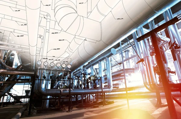 Sketch of piping design mixed with industrial equipment photos — Stock Photo, Image