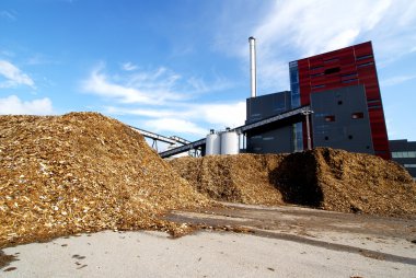 Mavi gökyüzüne karşı ahşap yakıt deposu olan biyo-elektrik santrali